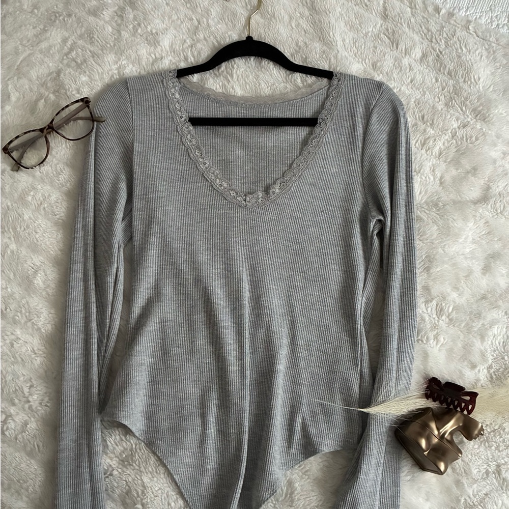 American Eagle Outfitters Gray Lace-Detail Bodysuit